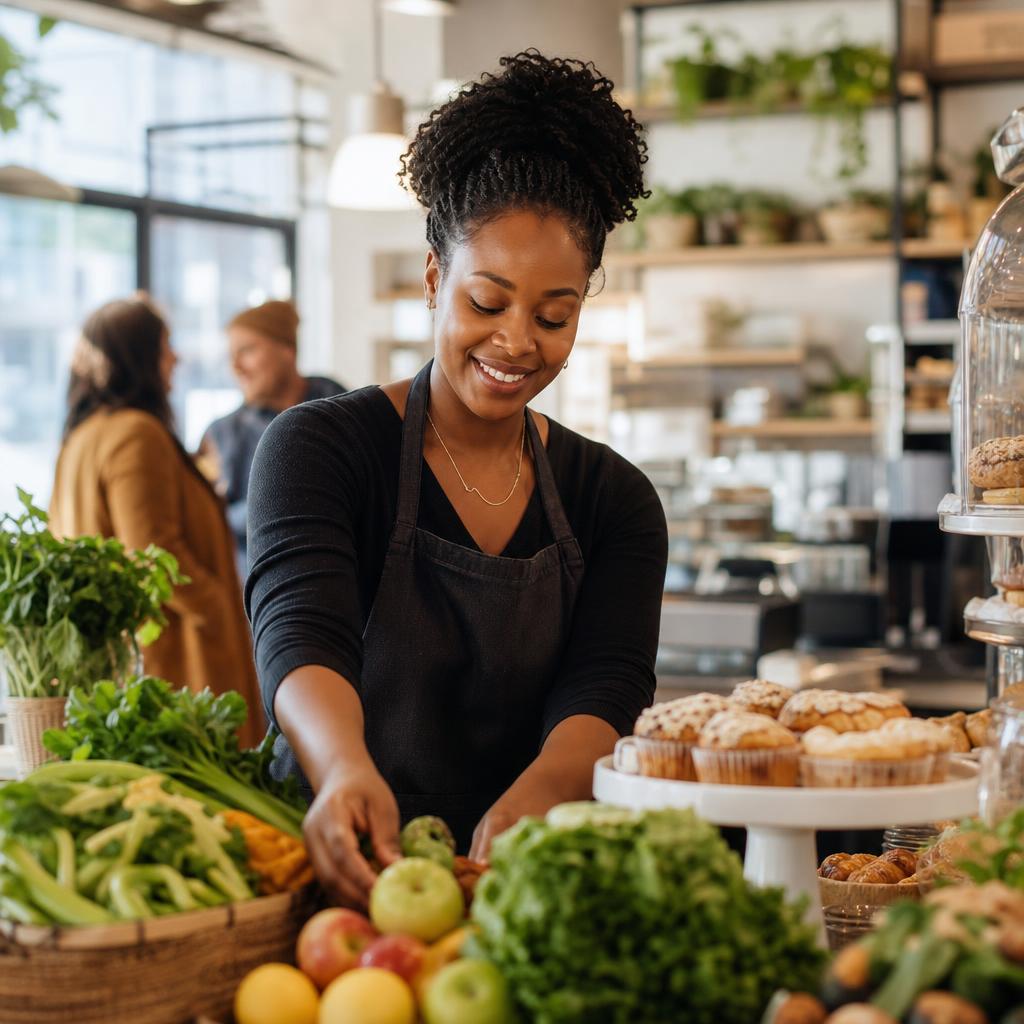 Entrepreneur arranging fresh produce at South End Fresh Market & Café